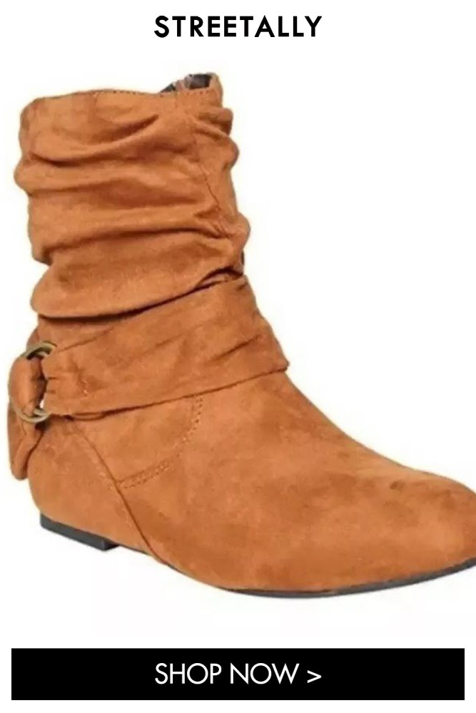 Large Flat Belt Buckle Suede Zip Round Top Ankle Boots