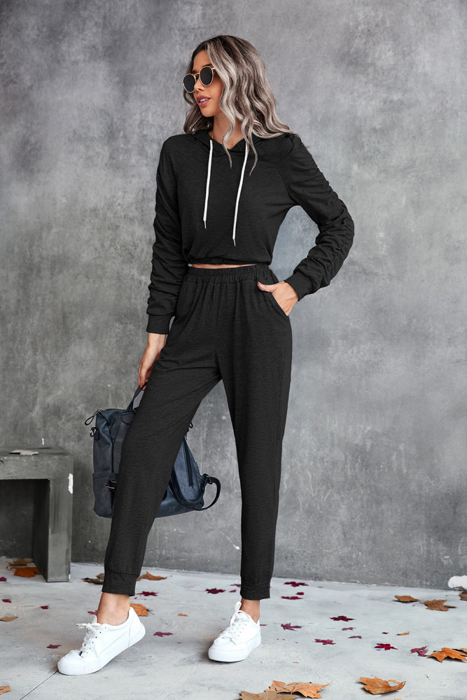 Solid Casual Gathered Hooded Long Sleeve Two-piece Outfits