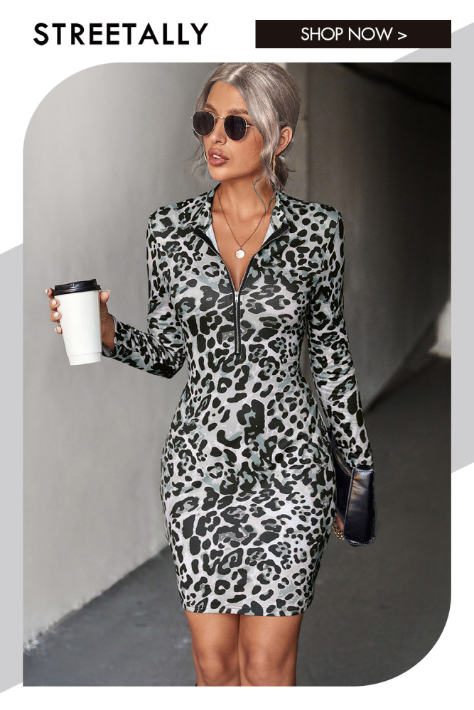 Sexy Zip-Up Leopard Print V-Neck Bodycon Dresses