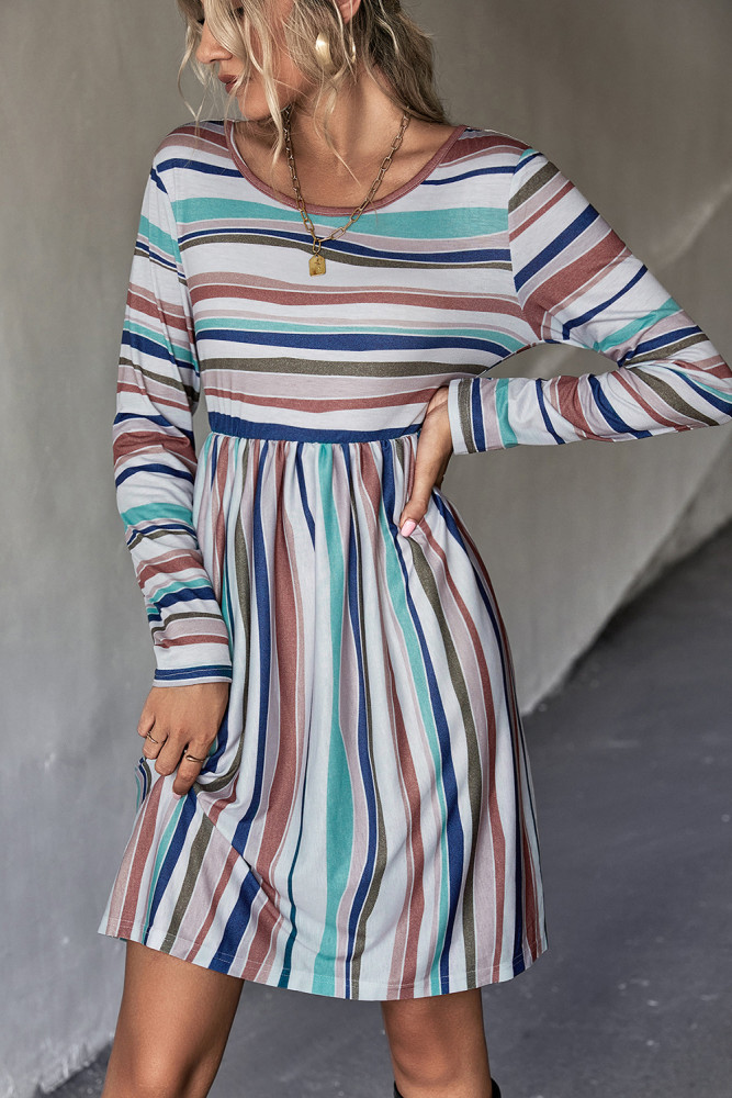 Fashion Long Sleeve Striped Crewneck Mid Waist Casual Dresses