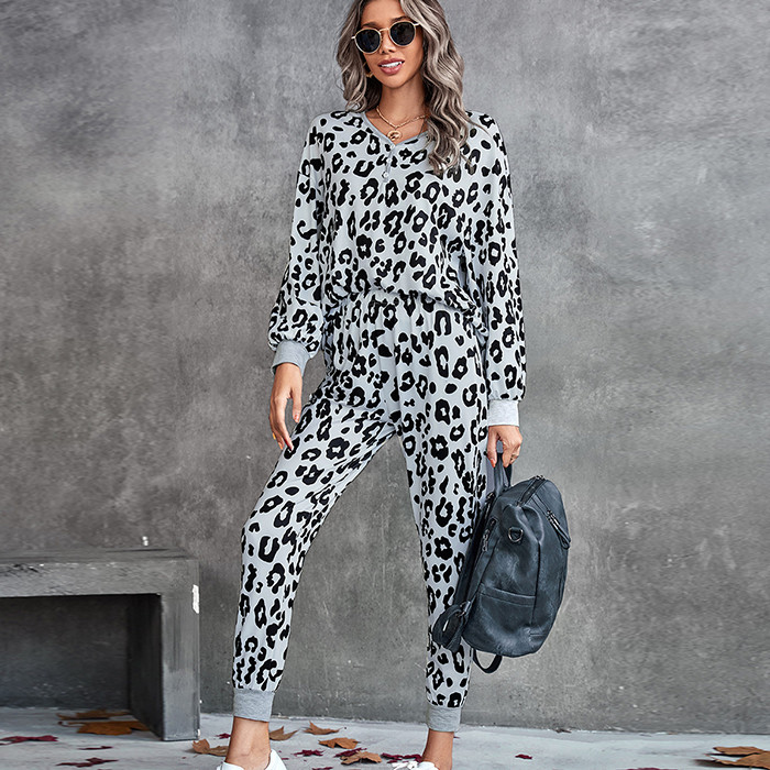Leopard V-Neck Cow Cotton Long Sleeve Casual Trousers Two-piece Outfits