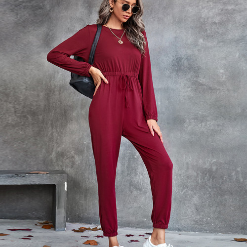 Casual Long Sleeve Solid Round Neck Pencil Pants Jumpsuits