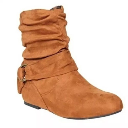 Large Flat Belt Buckle Suede Zip Round Top Ankle Boots
