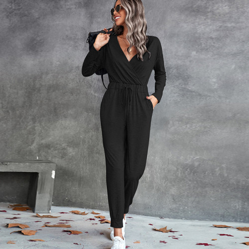 Solid Color Casual Crossover Deep V Comfort Jumpsuits