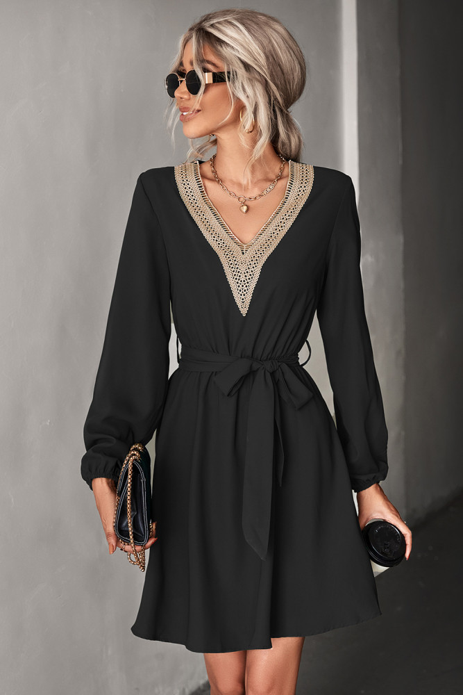 Fashion V Neck Lace Long Sleeve Solid Color Elegant Casual Dresses