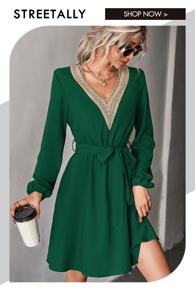 Fashion V Neck Lace Long Sleeve Solid Color Elegant Casual Dresses