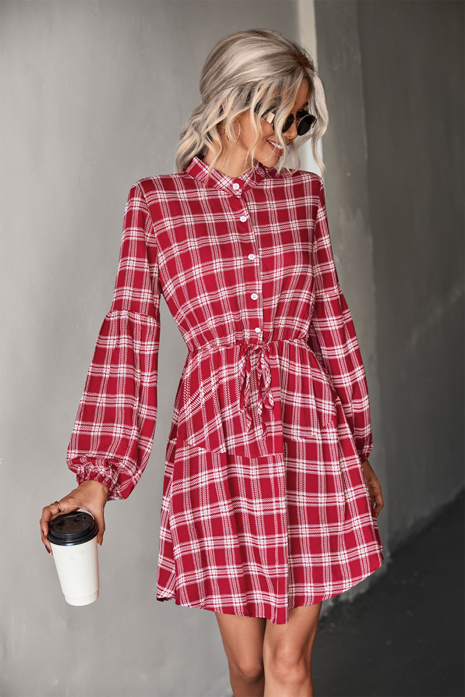 Elegant Classic Check Long Sleeve Shirt Casual Dresses