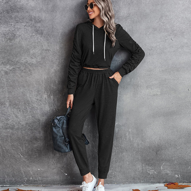 Solid Casual Gathered Hooded Long Sleeve Two-piece Outfits