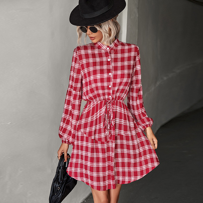 Elegant Classic Check Long Sleeve Shirt Casual Dresses