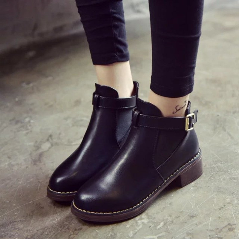 Square Heel Round Toe Belt Buckle Elastic Band Mock Feet Casual Ankle Boots