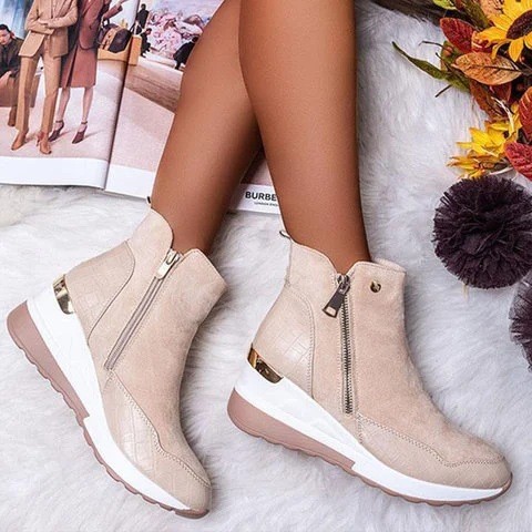 Low Profile Warm Round Toe Solid Wedge Heel Side Zip Platform Ankle Boots