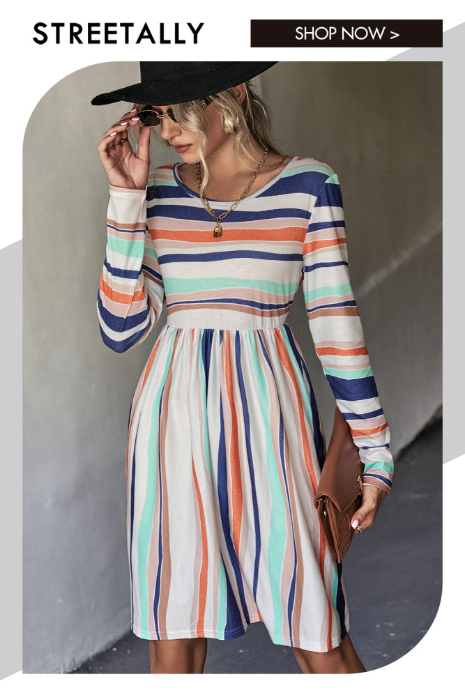 Fashion Long Sleeve Striped Crewneck Mid Waist Casual Dresses