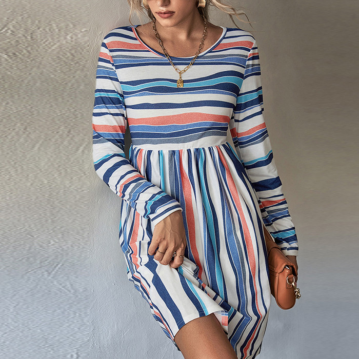 Fashion Long Sleeve Striped Crewneck Mid Waist Casual Dresses