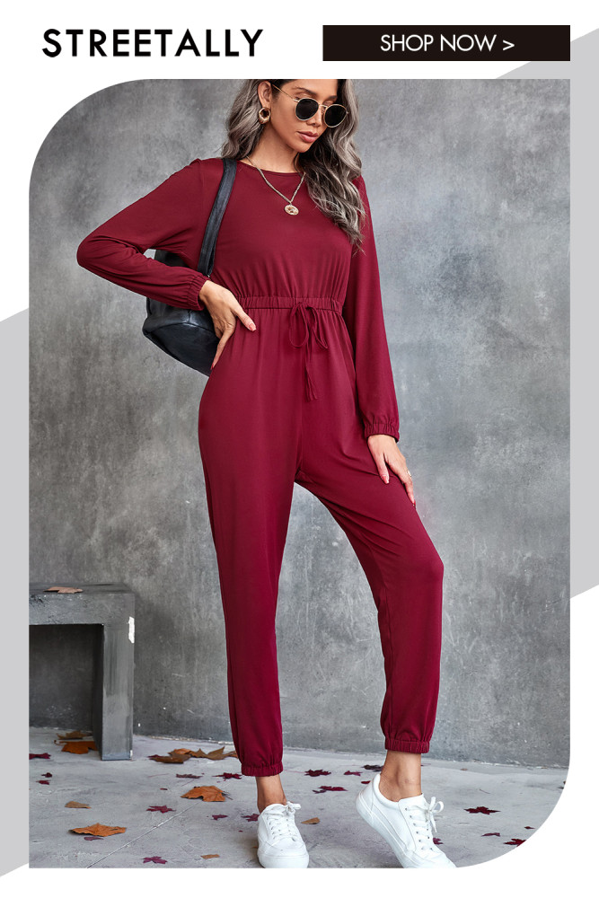Casual Long Sleeve Solid Round Neck Pencil Pants Jumpsuits