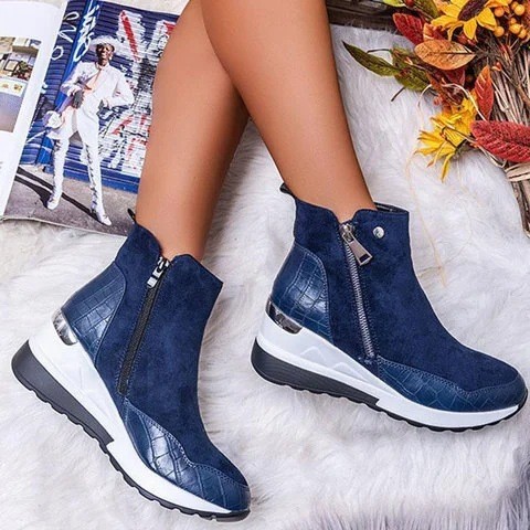 Low Profile Warm Round Toe Solid Wedge Heel Side Zip Platform Ankle Boots