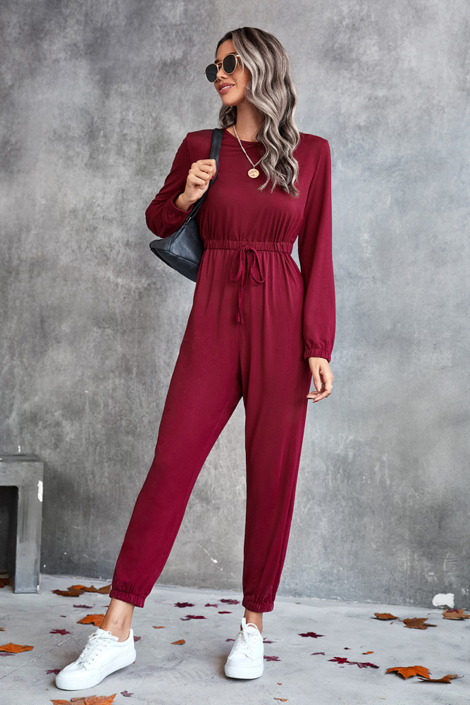 Casual Long Sleeve Solid Round Neck Pencil Pants Jumpsuits