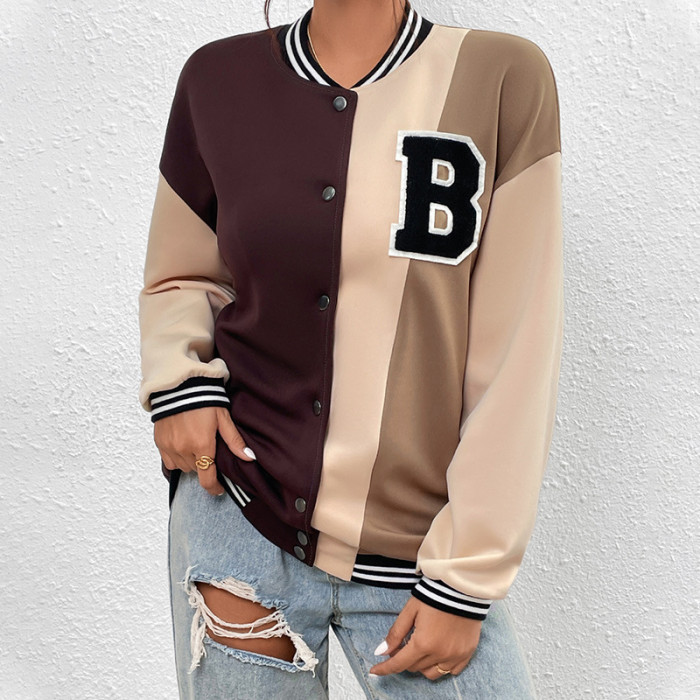 Fashion Baseball Uniform Colorblock Stand Collar Jackets