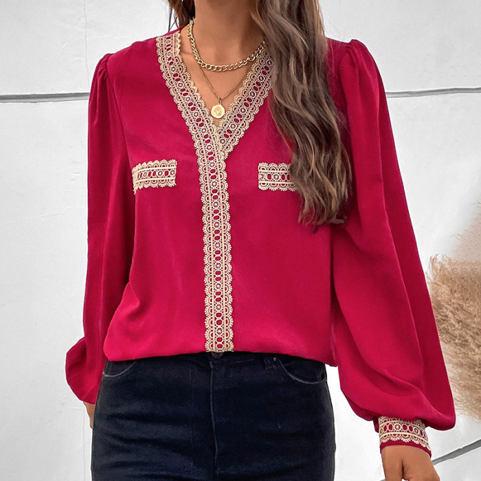Red Panel Lace Trim Long Sleeve V-Neck Blouses & Shirts