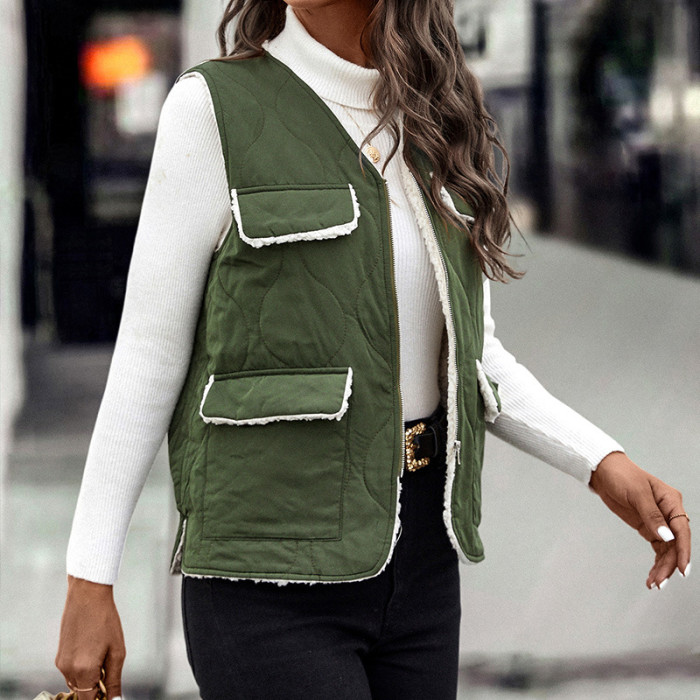 Casual Fashion Zipper V Leader Green Vest Cotton Vest Coats