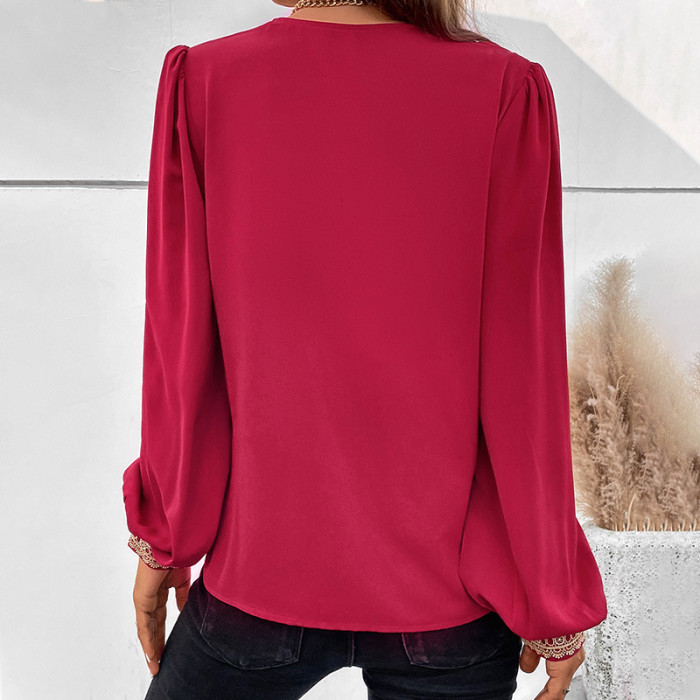 Red Panel Lace Trim Long Sleeve V-Neck Blouses & Shirts