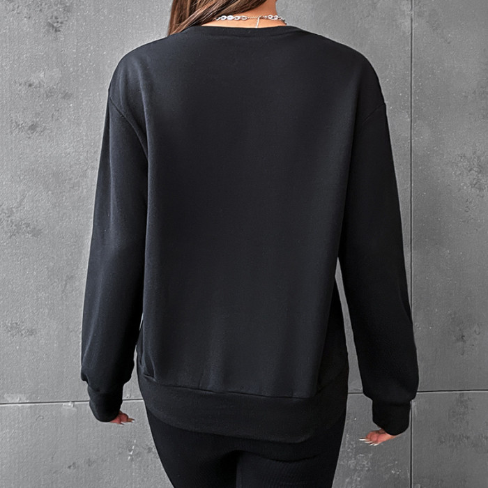 Round Neck Digital Print Casual Black Long Sleeve Pullover Hoodies & Sweatshirts