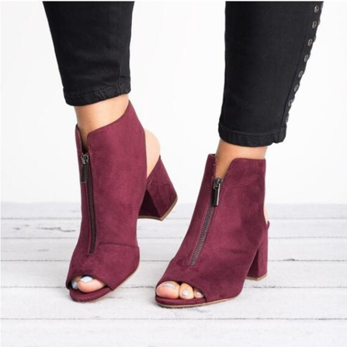 Open Toe Fish Mouth Zip Solid Plus Size Ankle Boots
