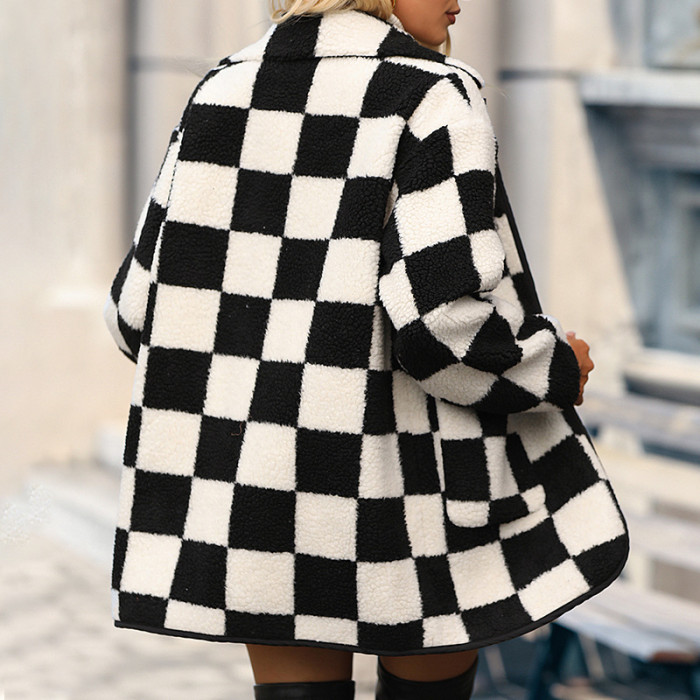 Mid-Length Loose Plush Hooded Checkerboard Lamb Coats