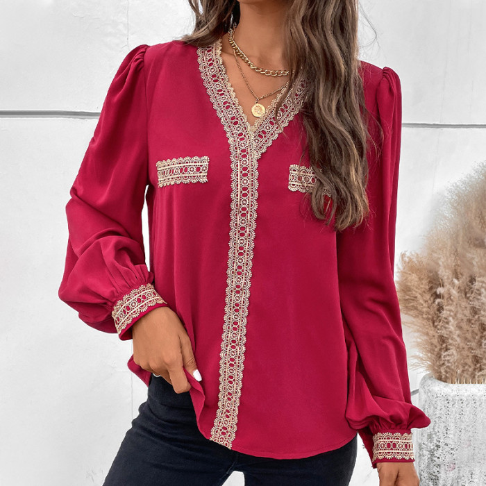 Red Panel Lace Trim Long Sleeve V-Neck Blouses & Shirts