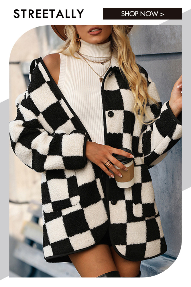 Mid-Length Loose Plush Hooded Checkerboard Lamb Coats