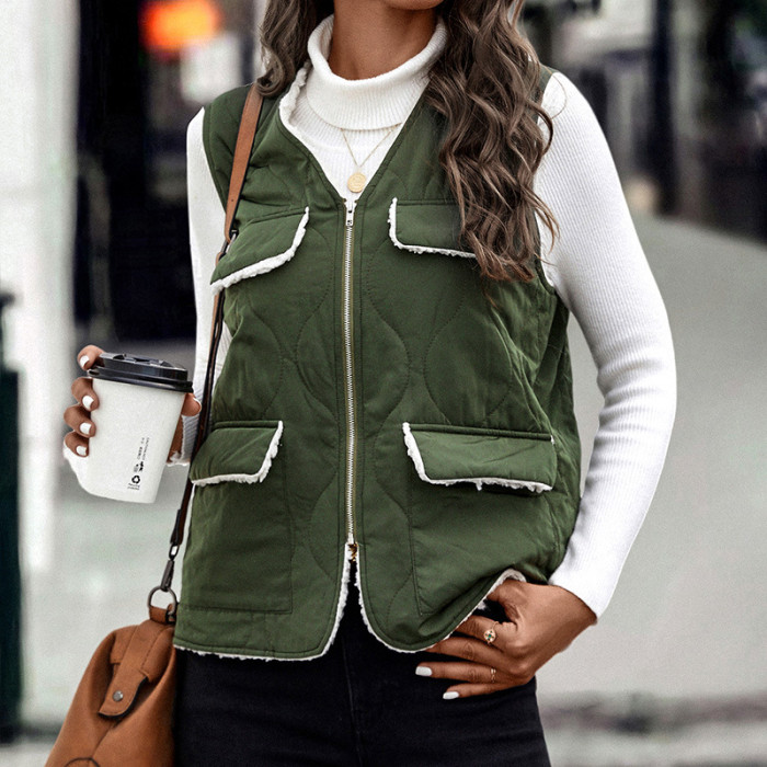 Casual Fashion Zipper V Leader Green Vest Cotton Vest Coats