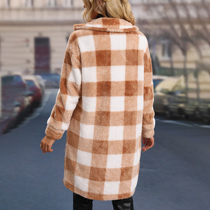 Casual Mid-Length Double Pocket Plaid Warm Coats