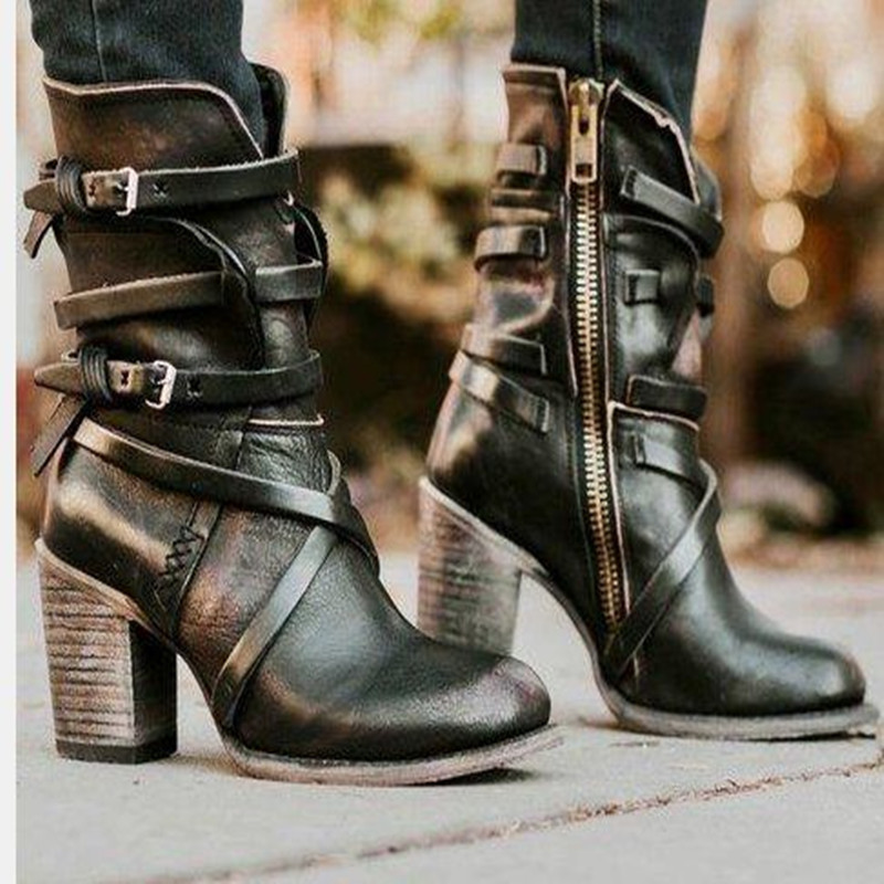 Plus Size Mid Heel Long Barrel Fashion Buckle Boots