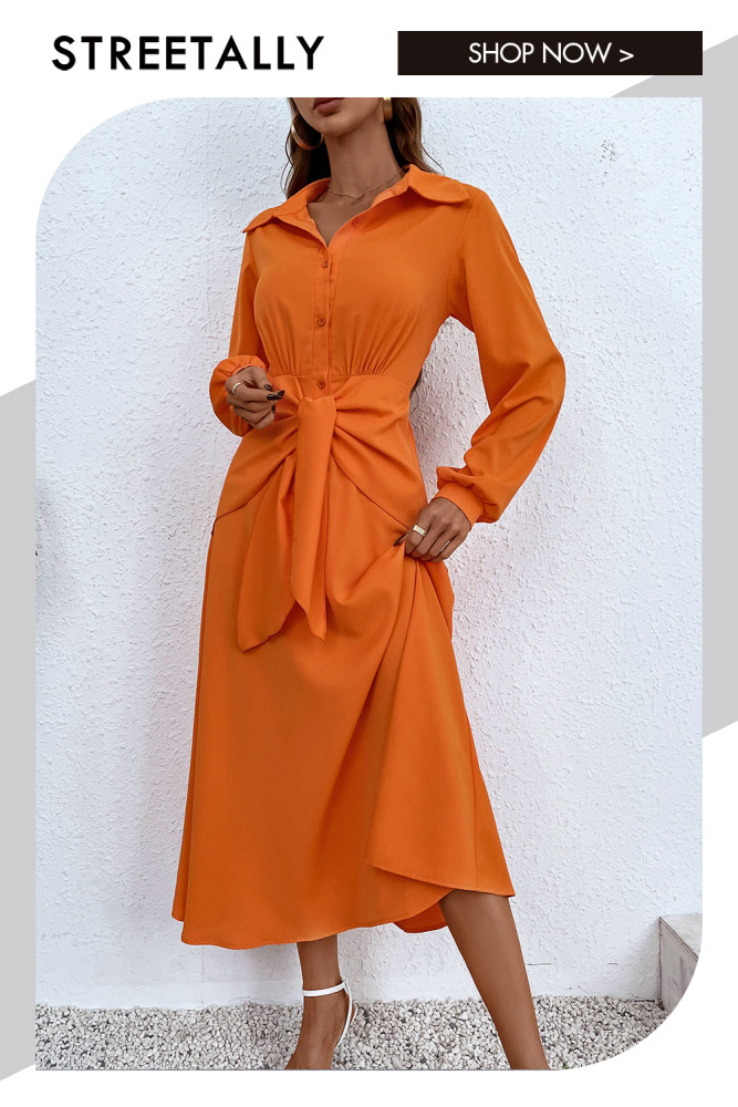 Neck Tie Sexy V-Neck Long Sleeves Solid Midi Dresses
