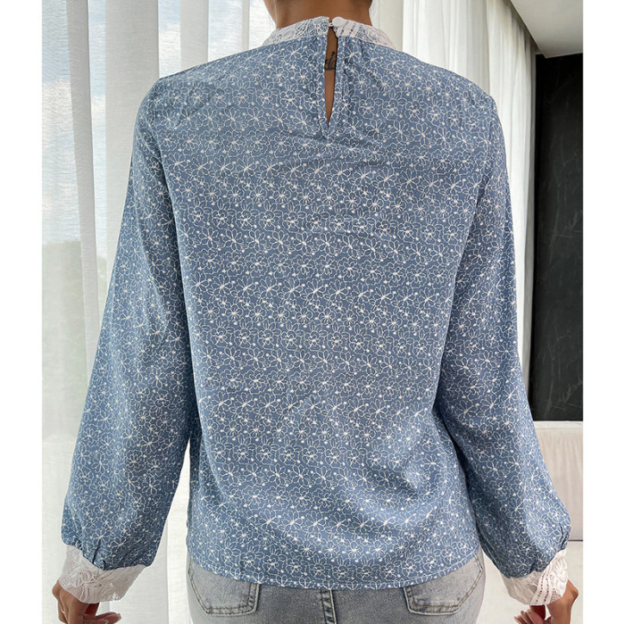High Neck Long Sleeve Printed Lace Pullover Blouses & Shirts