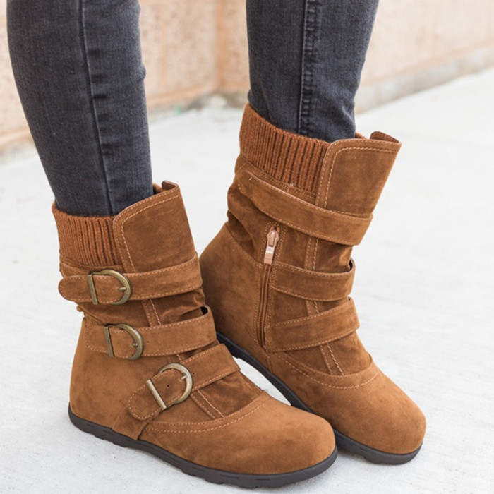 Solid Color Flat Large Plus Size Thick Fashion Ankle Boots