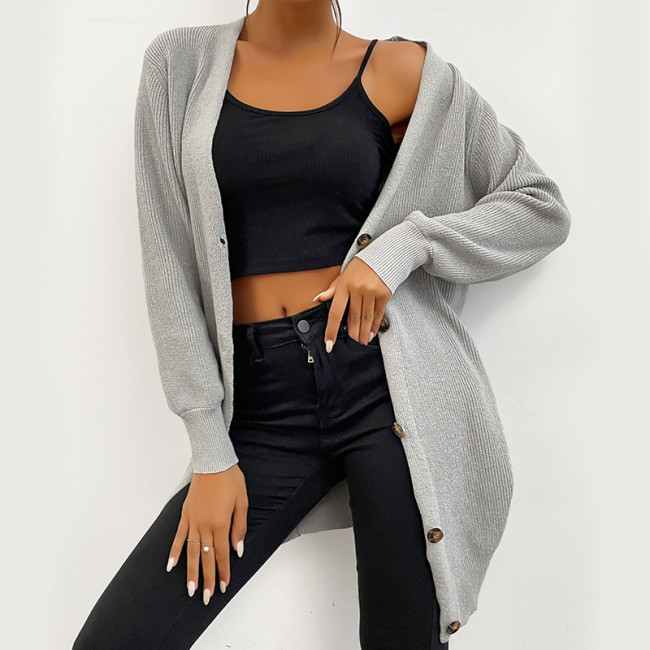 Fashion Long Sleeve Grey Long Single Breasted Sweaters & Cardigans