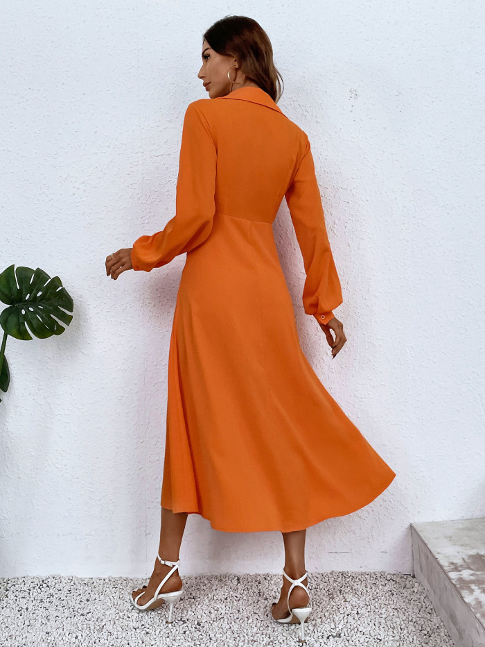 Neck Tie Sexy V-Neck Long Sleeves Solid Midi Dresses