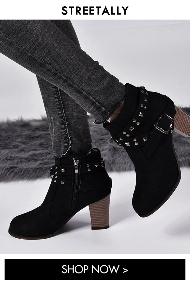 Plus Size Chunky Heel Solid Belt Buckle Leather Ankle Boots