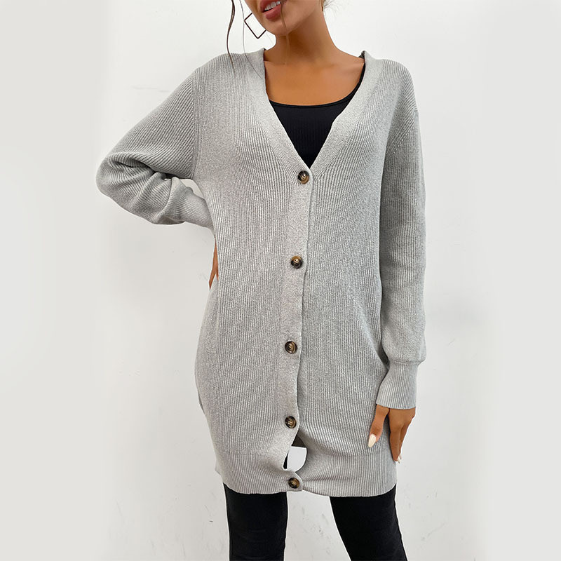 Fashion Long Sleeve Grey Long Single Breasted Sweaters & Cardigans