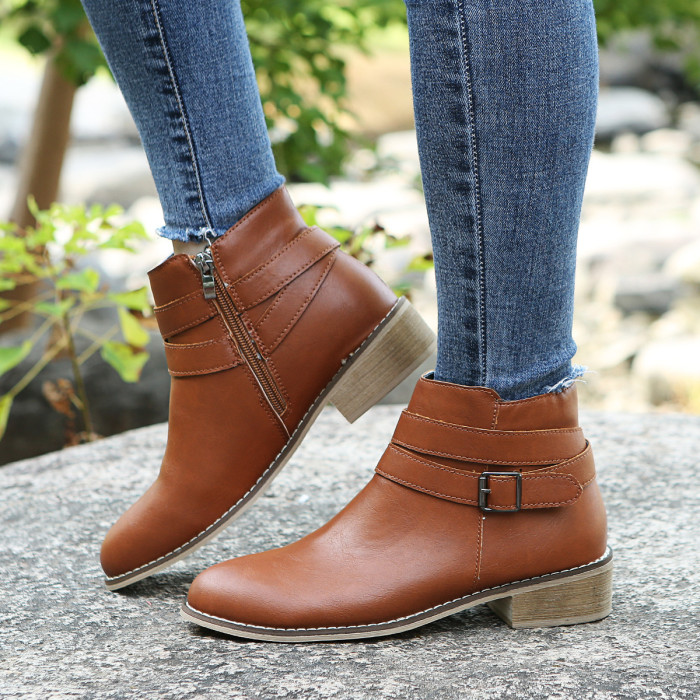 Fashion Chunky Heel Flat Plus Size Leather Ankle Boots