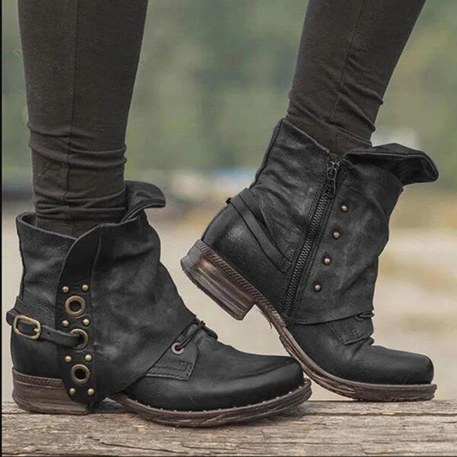 Leather Side Zip Sleek Chunky Mid Heel Ankle Boots
