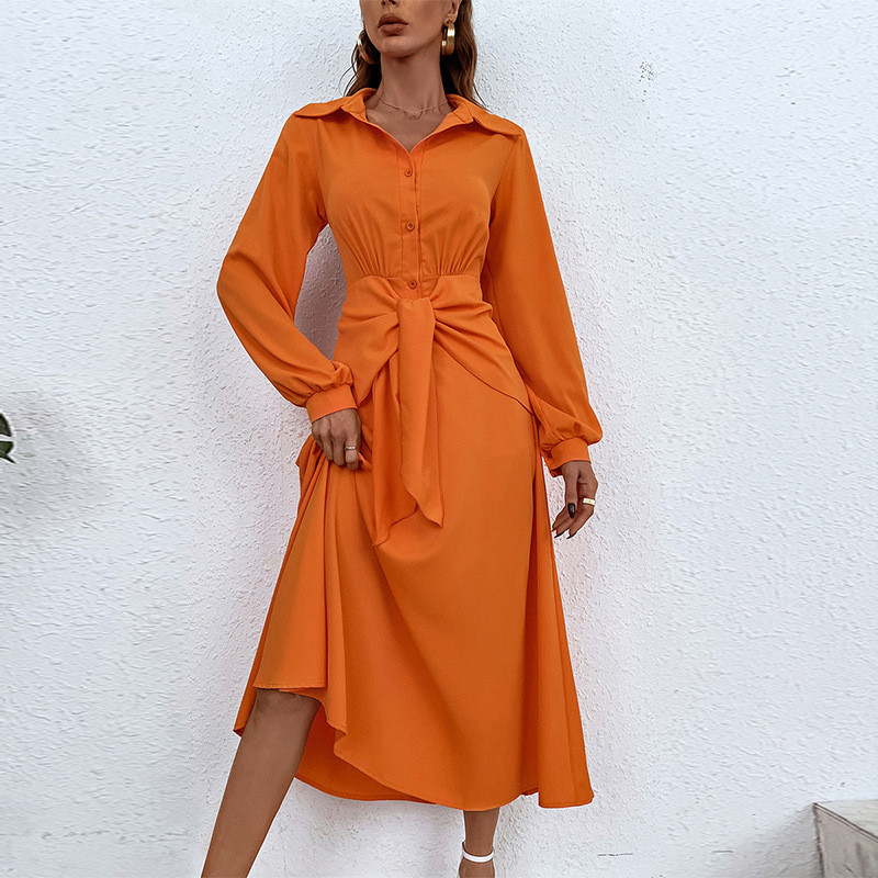 Neck Tie Sexy V-Neck Long Sleeves Solid Midi Dresses