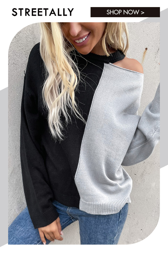 Fashion Casual Long Sleeve Colorblock Cutout Crewneck Pullover Sweaters & Cardigans