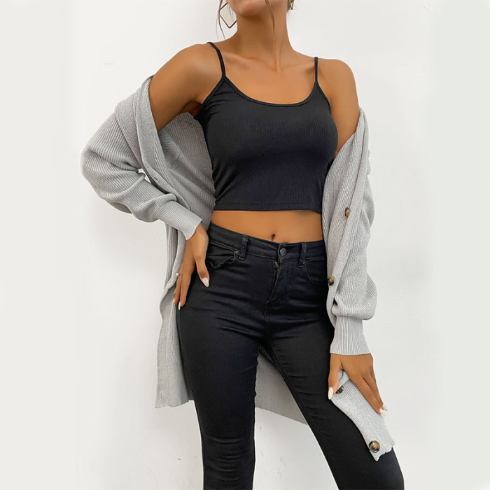 Fashion Long Sleeve Grey Long Single Breasted Sweaters & Cardigans