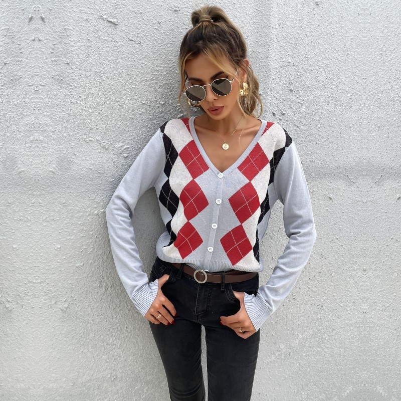 Fashion Diamond Long Sleeve Cropped Single Breasted Sweaters & Cardigans