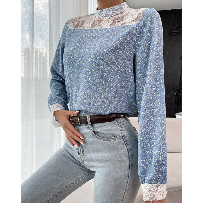 High Neck Long Sleeve Printed Lace Pullover Blouses & Shirts