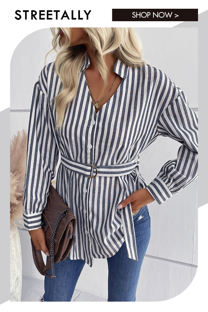Casual Long Sleeve V-Neck Tie Stripe Blouses & Shirts