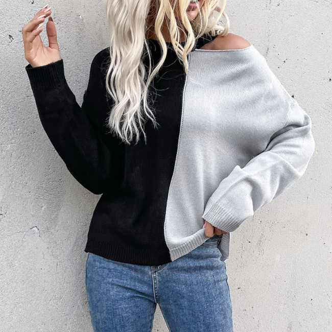 Fashion Casual Long Sleeve Colorblock Cutout Crewneck Pullover Sweaters & Cardigans
