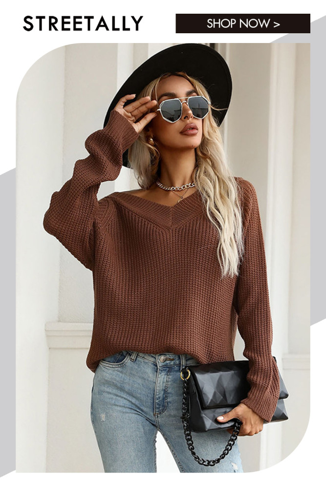 Fashion Long Sleeve Solid V-Neck Loose Sweaters & Cardigans