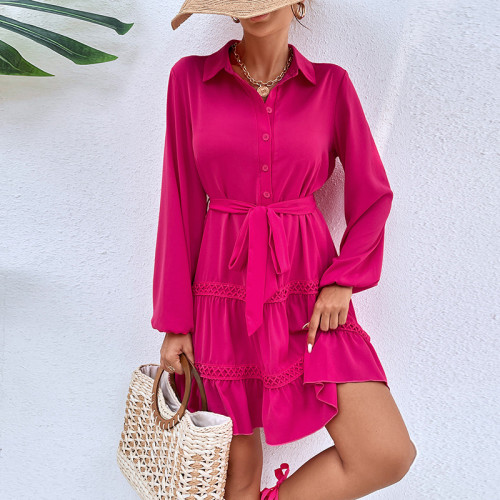 Solid Color Lace-Up Neck Long Sleeves Fashion Mini Dresses
